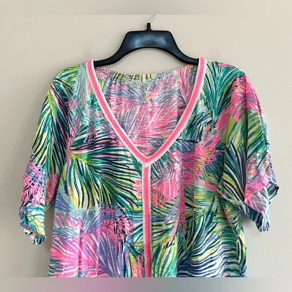 Lilly Pulitzer Bonita V-Neck Short Sleeve Cotton Coverup Tropical Palm Print, L